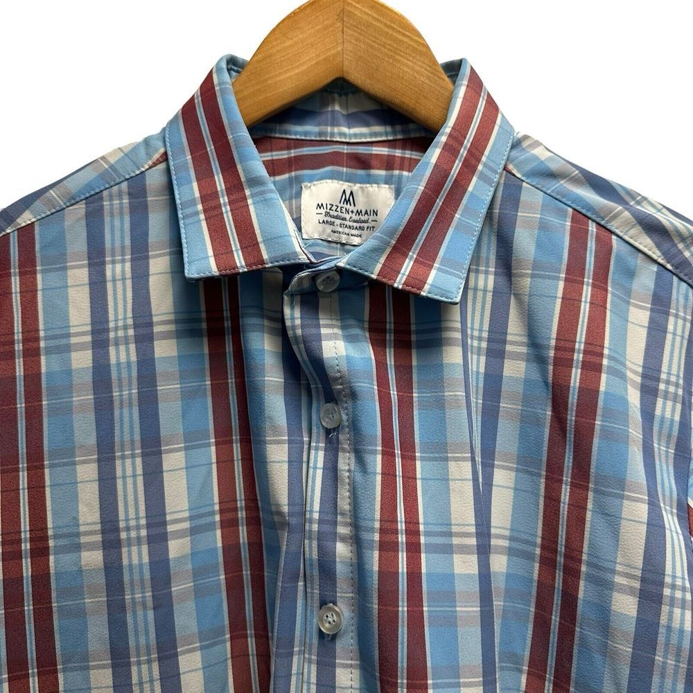 Mizzen Main Mens Sz L Standard Fit Button Front Shirt Red/Blue Plaid Stretch euc